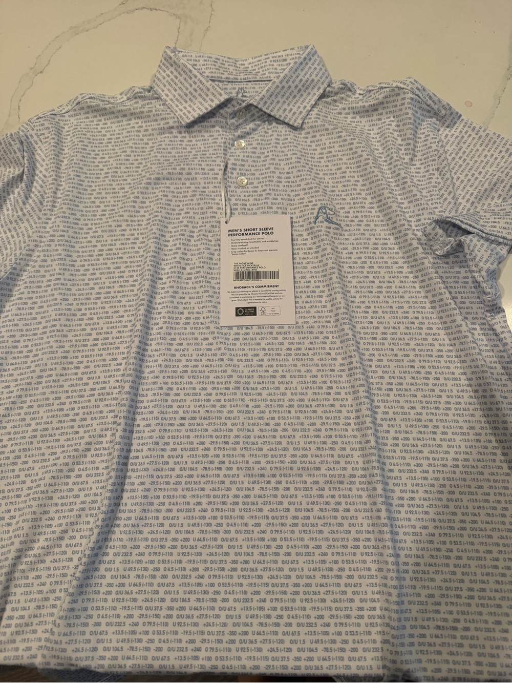 Rhoback Light Blue Short Sleeve Polo with Micro Text Print